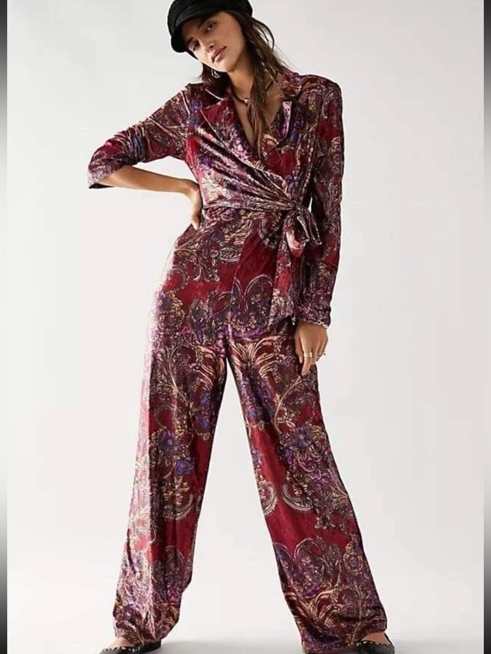 Free People Delphine Disco Fever Velvet Wrap Jumpsuit Multicolor Paisley Size L